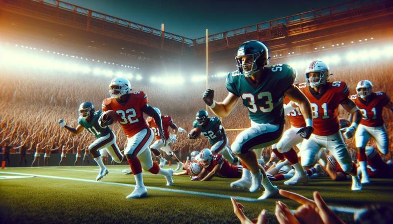 Põnev tegevusfoto Super Bowl LIX mängust, mis tabab mängijate intensiivsust staadioni valguse all.