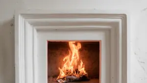 Põlev tuli valges kaminas tähistab kütteperioodi algust ja ohutuse kontrollimist.